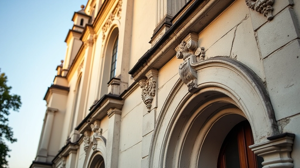Senos bažnyčios fasado detalė su istoriniais akmenimis ir architektūra