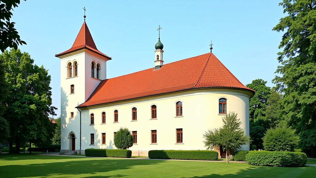 Pažaislio vienuolyno architektūra, klasikiniai raudoni stogai, žalios medžiai aplink