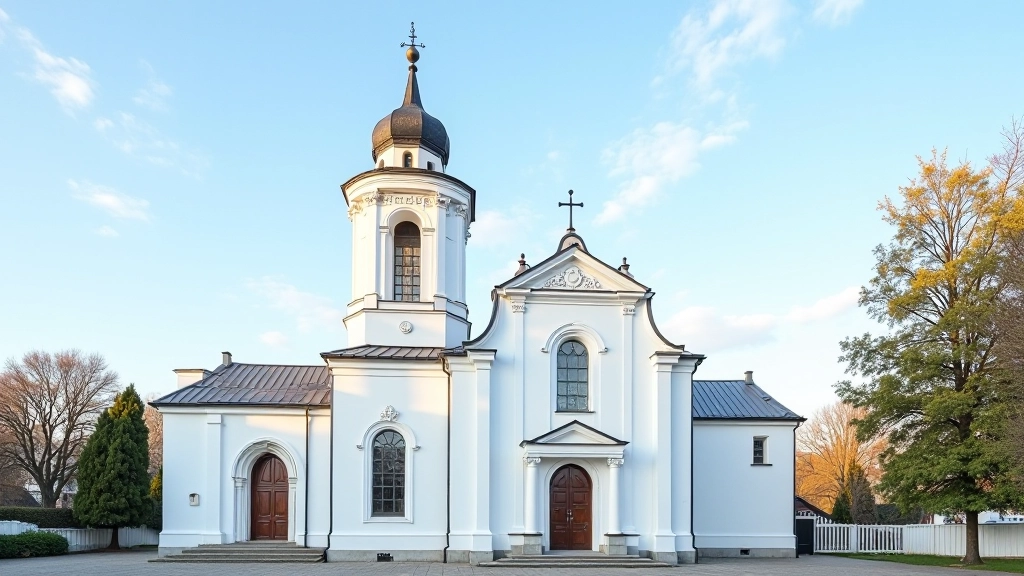 Restauruota bažnyčios siena, balti paneliai, architektūriniai detalės, šviečiantis dangus